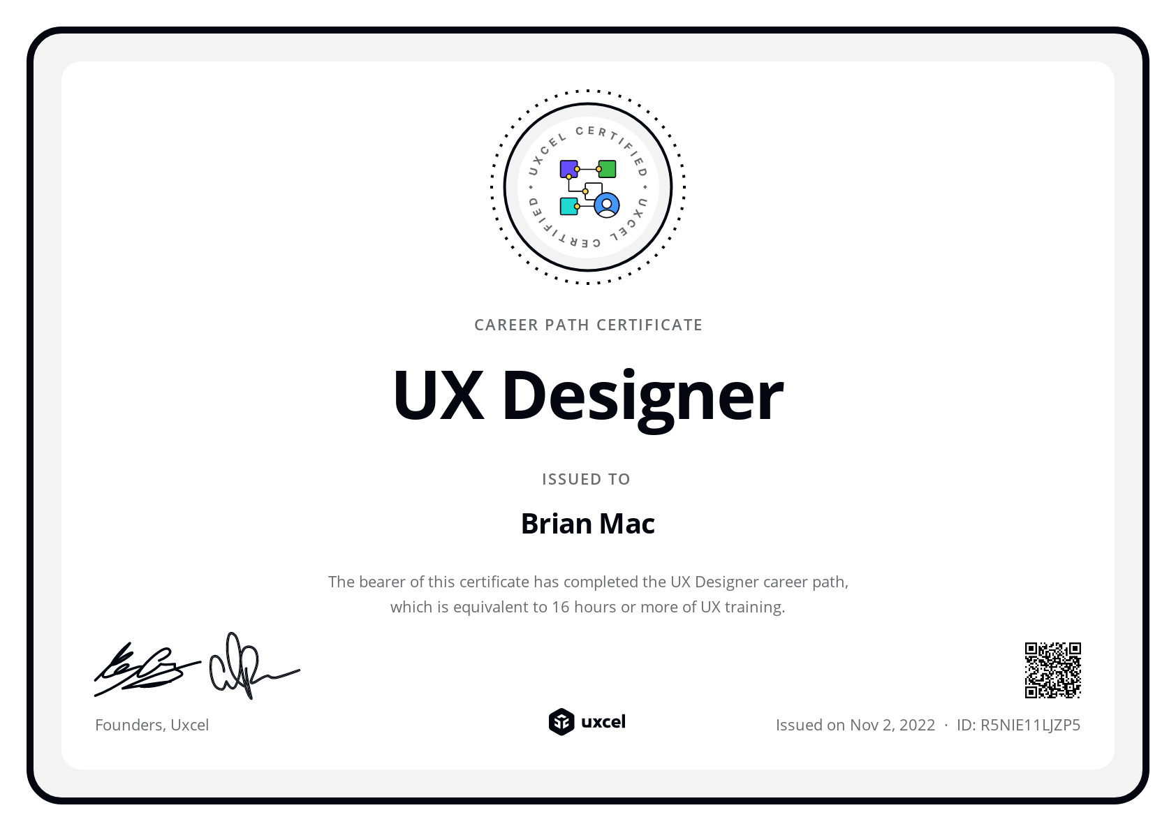 Brian Mac's certificate
